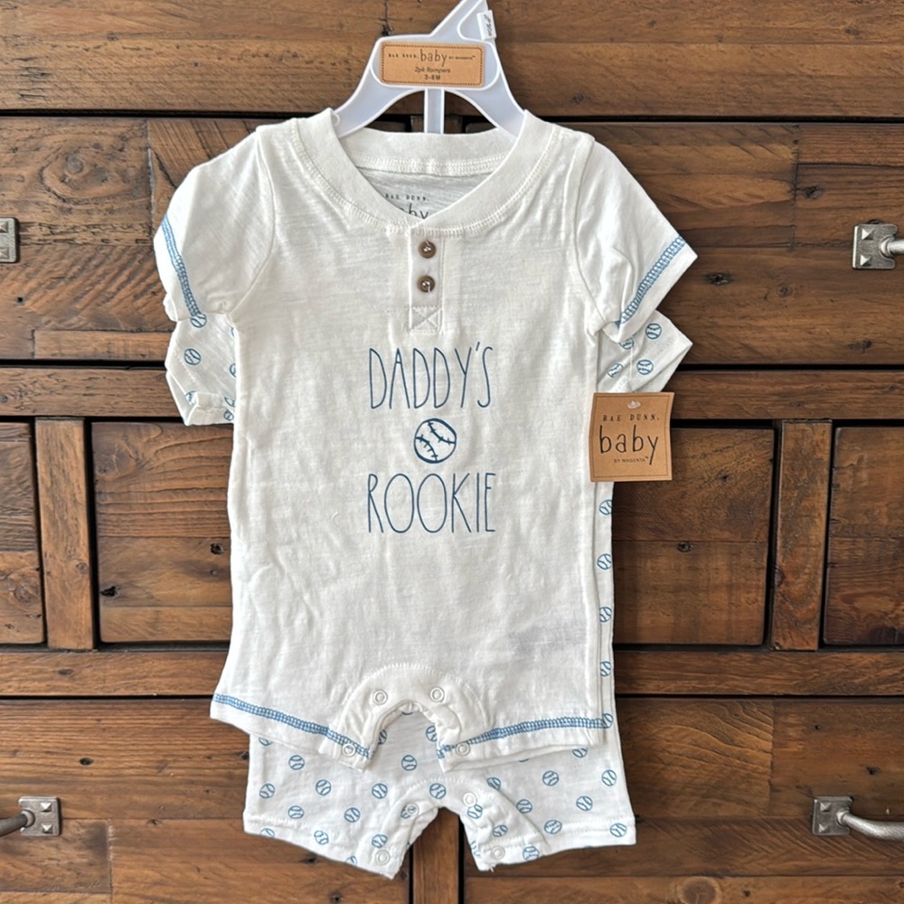 NET Rae Dunn Baby Boy 3-6 Months "Daddy's Rookie" Baseball Rompers